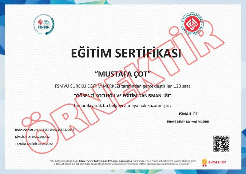 Öğrenci Koçluğu ve Eğitim Danışmanlığı Eğitimi Sertifikası