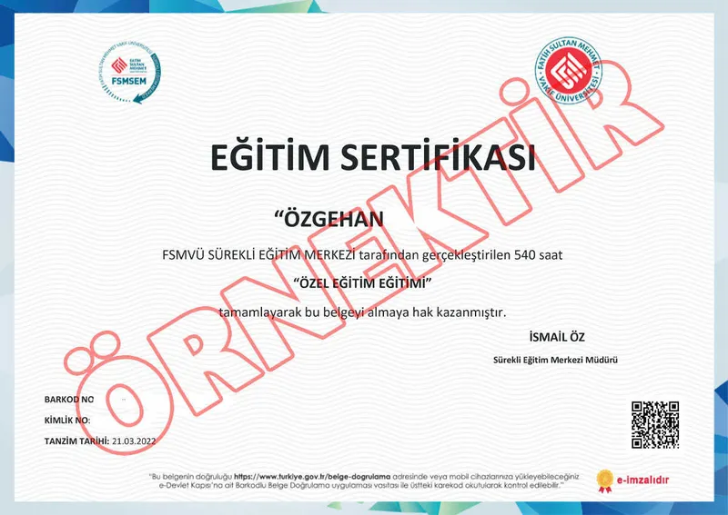 Özel Eğitim Sertifikası 11 Özel Eğitim Sertifikası Örneği