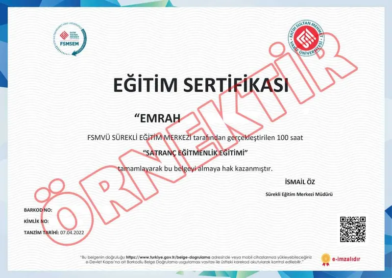 Satranç Eğitmenliği Eğitimi Sertifikası Örneği