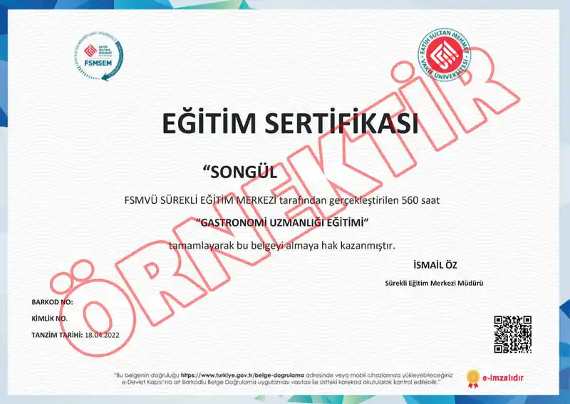 Gastronomi Uzmanlığı Eğitimi Sertifikası